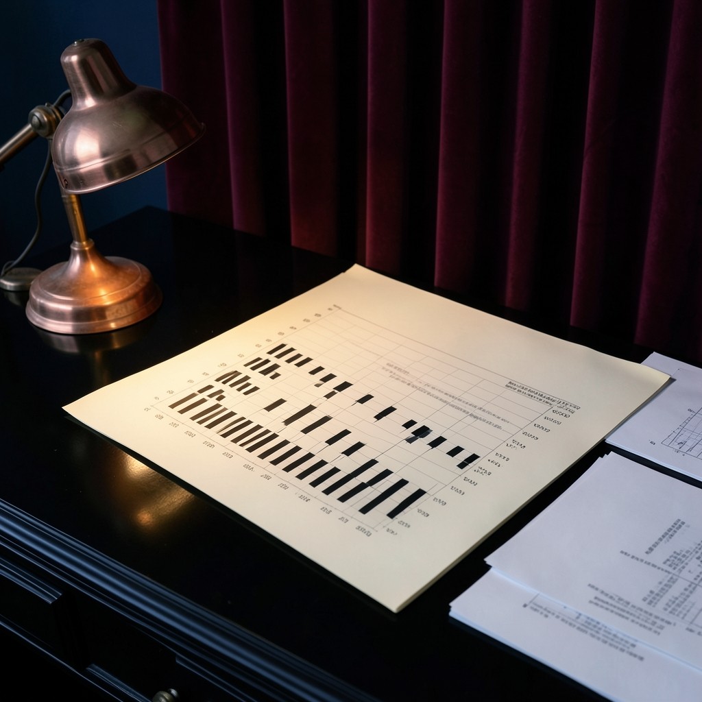A single large printed daily chart sheet on ivory paper, lit by a warm copper lamp in a dark wood study