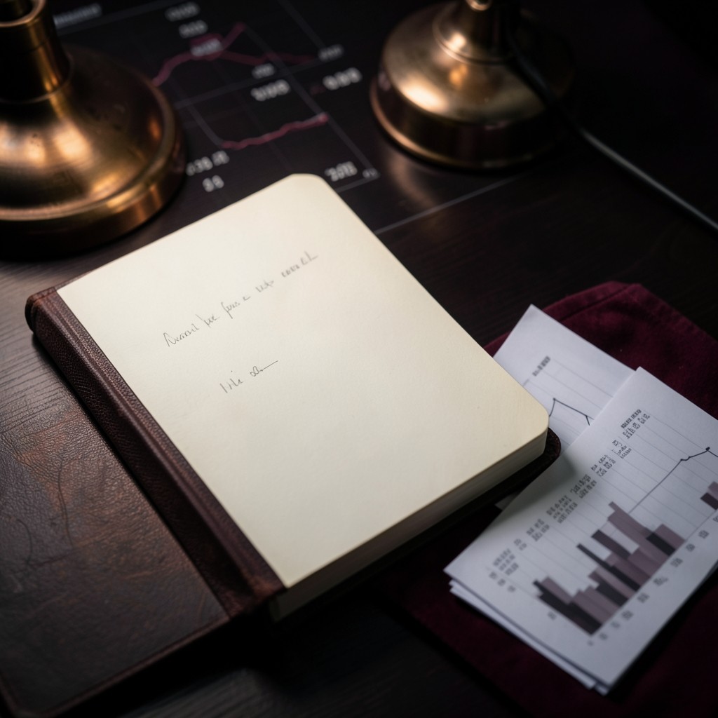 An open clothbound journal with short handwritten notes beside a stack of chart sheets in warm low light