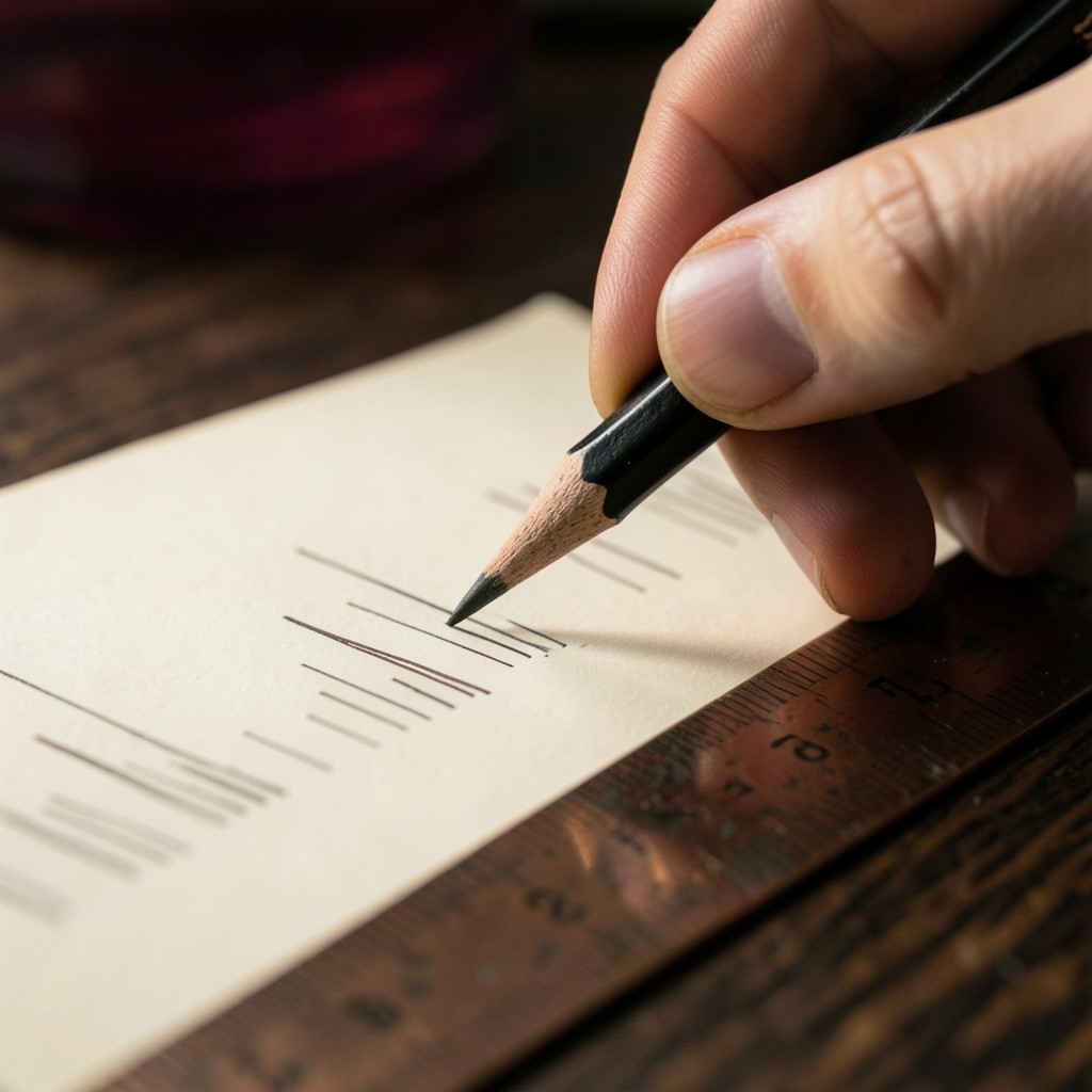 Close view of a pencil marking swing points on a printed candlestick sheet beside a copper ruler