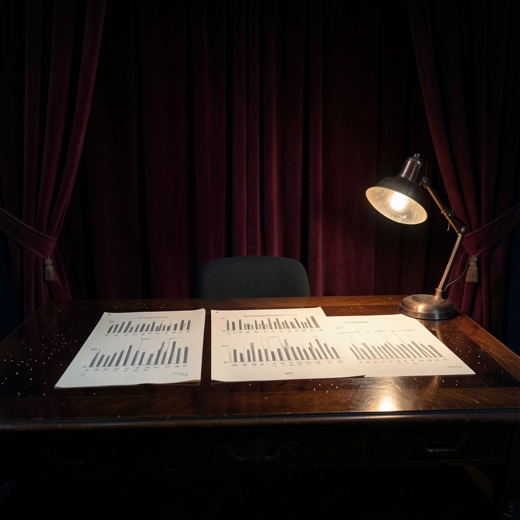 A dark wood desk in a velvet-lined study, with three printed candlestick sheets under a copper lamp