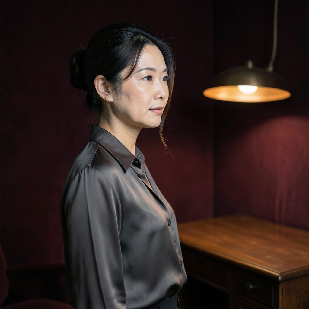Portrait of Hana Seo, a woman in her forties, beside a dark wood desk in a burgundy room