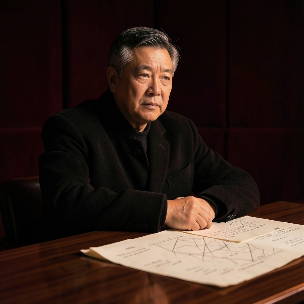 Portrait of Minjae Park, a man in his fifties, seated at a long workshop table with printed charts