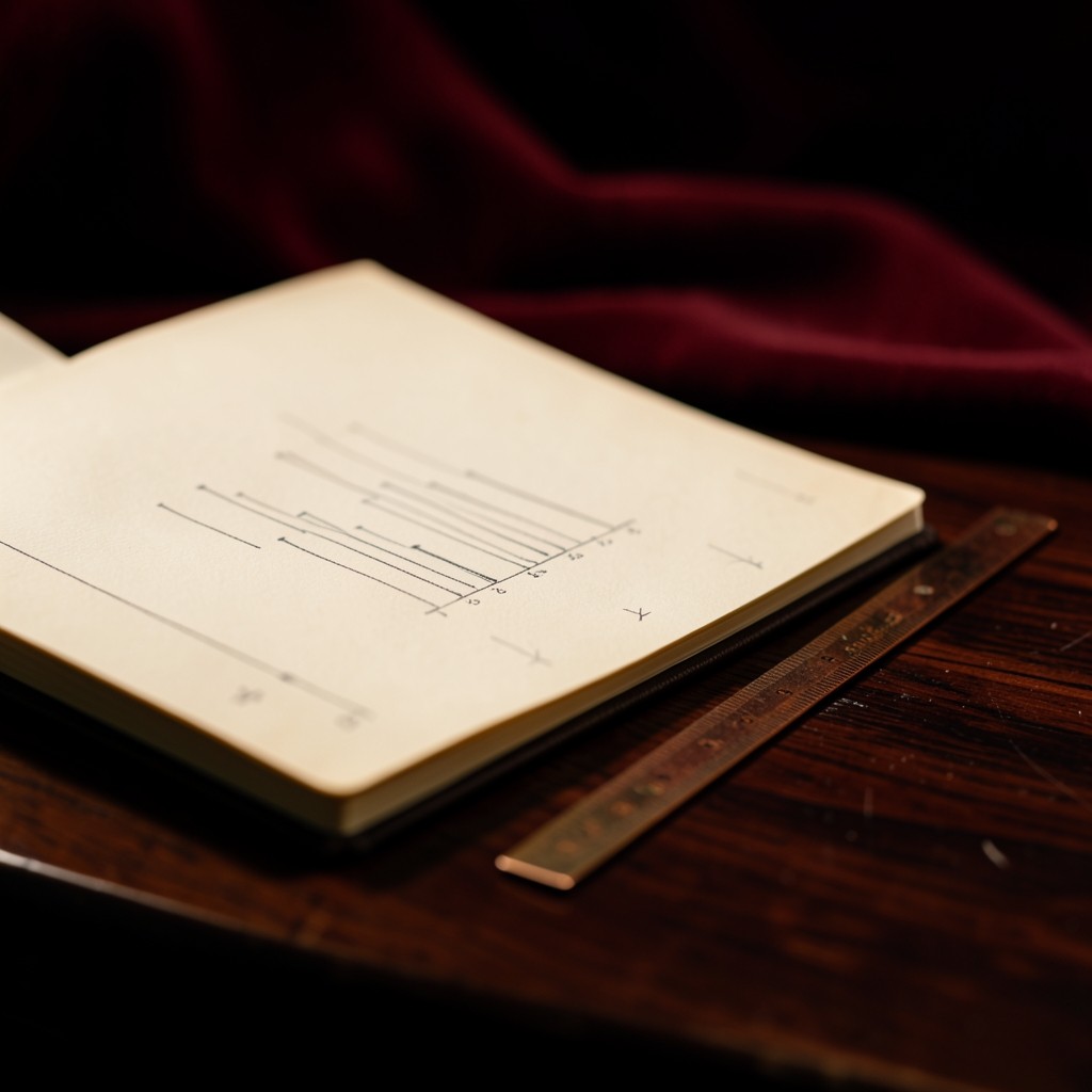 An open handwritten chart journal with pencil marks and a copper ruler on dark lacquered wood