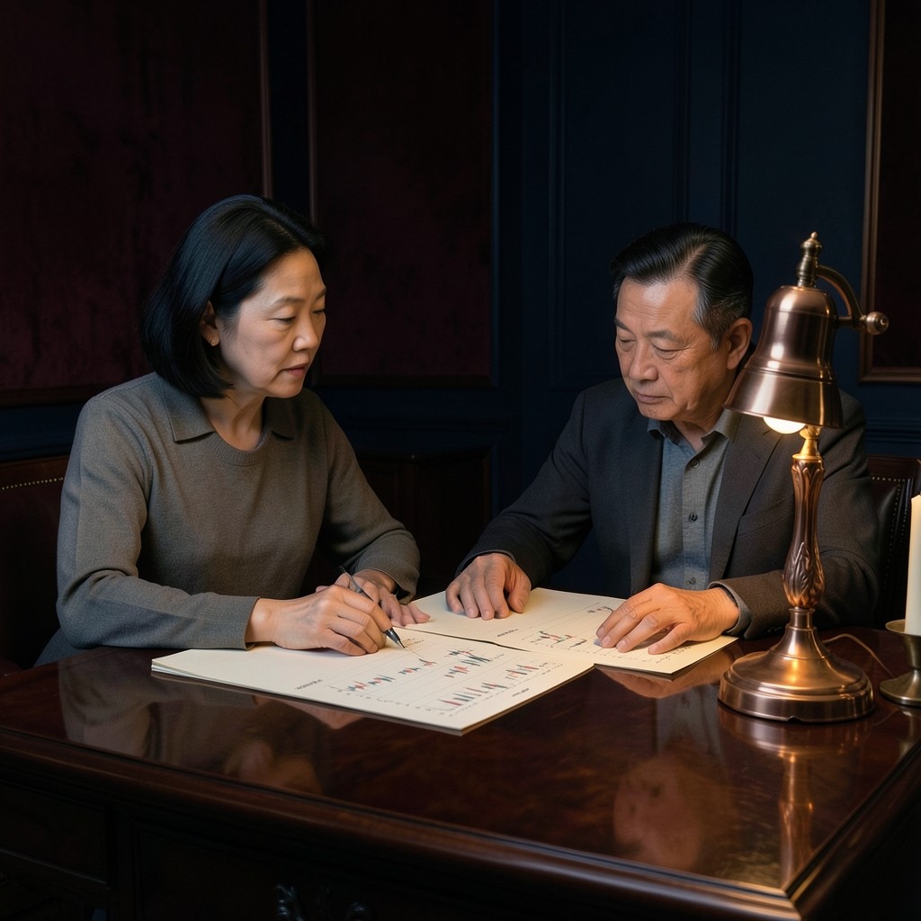 Two adults seated at a dark wood desk reviewing three printed candlestick sheets under a copper lamp