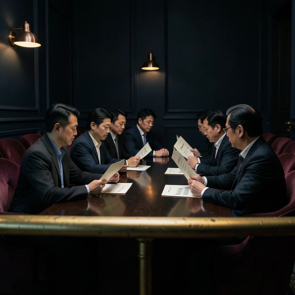 A small group gathered around a long wooden table covered with printed chart sheets in a dim velvet room